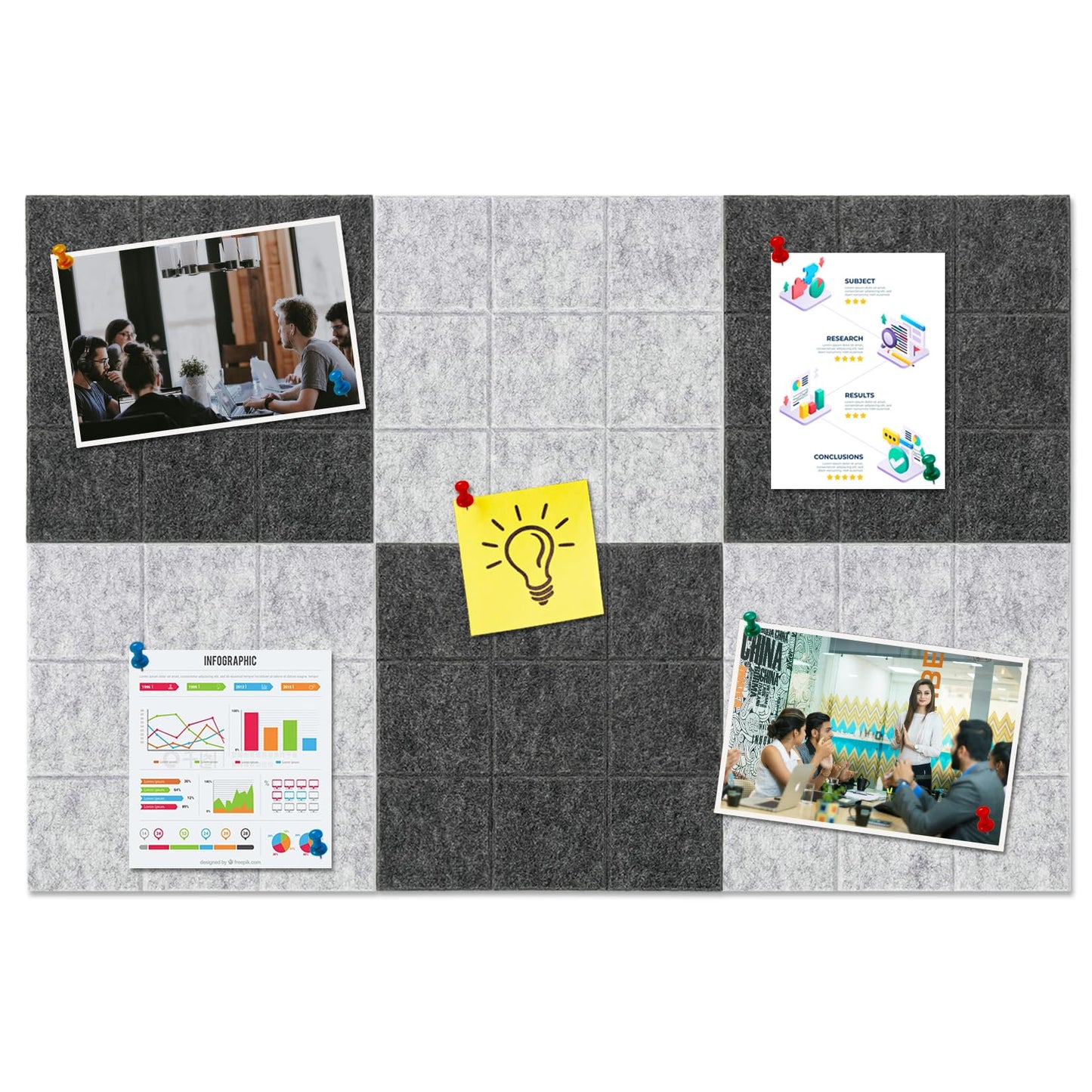 HULAVO Large Square Felt Cork Board Tiles, Self Adhesive DIY Felt Bulletin Board with 35 Pushpins for Office School Home Wall Decor Stickers Memos (Deep & Light Grey)
