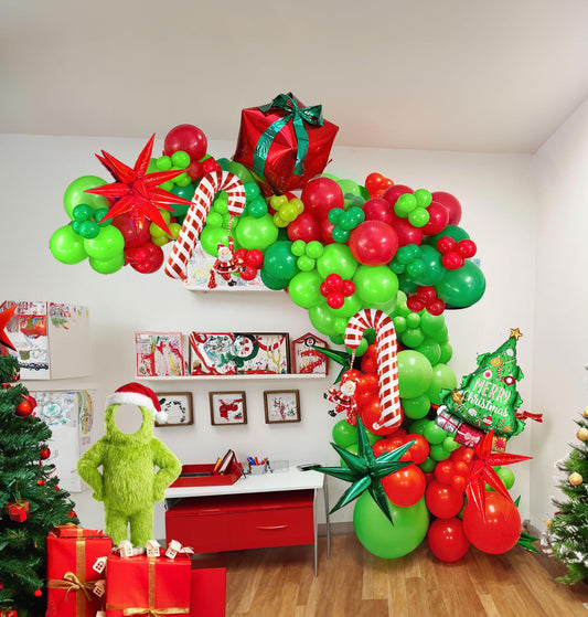 yeewaka Christmas Balloon Garland Arch Kit130+pcs Xmas Red Green Balloons with candy cane Christmas tree gift box Balloons for Kids Grinchmas Party Naughty Christmas Birthday Decorations
