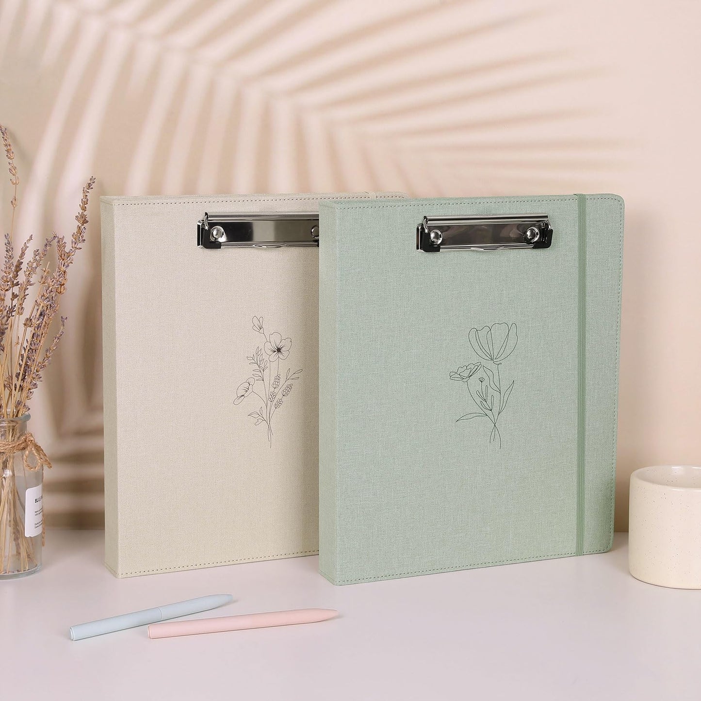 SKYDUE Clipboard Binder with Dividers,1 Inch Linen 3 Ring Binder with Clipboard on Front for Organizer, Clipboard Folder with Pocket, Labels Office Supplies OliveGreen
