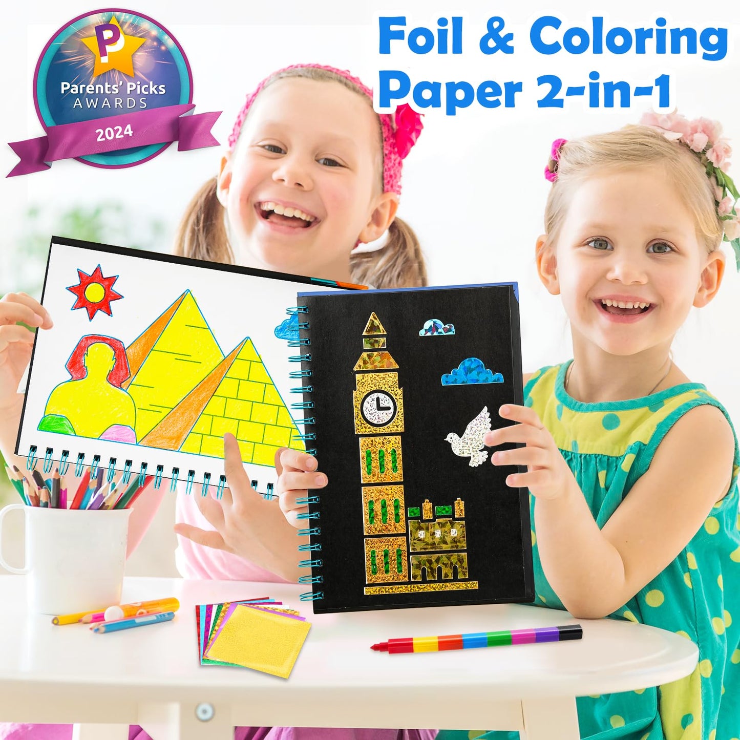 FUNNYB&G Foil Art Craft Kit for Kids 4-10 Years Old: Mess-Free & No-Glue, Create 16 Sparkly Famous Building Pictures – Perfect Travel Toy & Birthday Gift for Kids (Buildings)