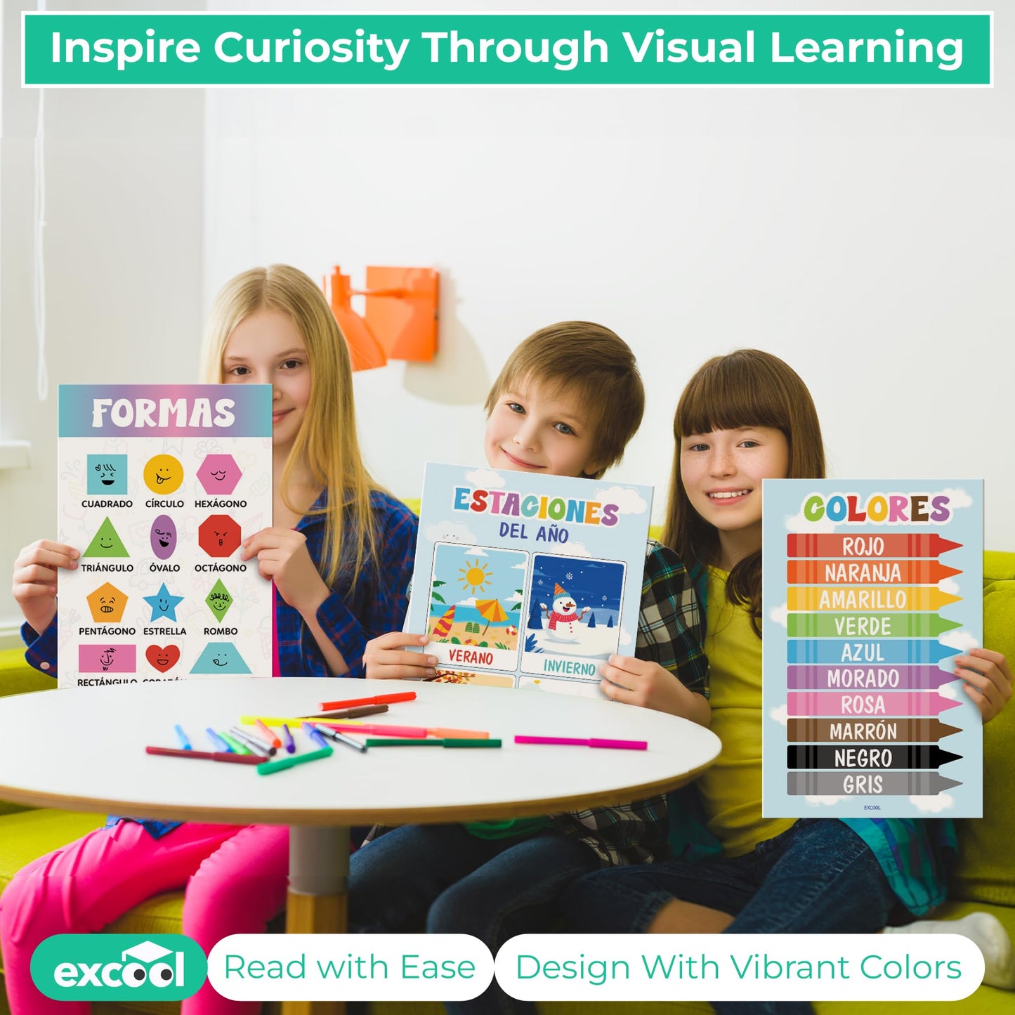 EXCOOL CLUB 16 Spanish Classroom Posters For Elementary - Colorful Bilingual Educational Posters For Toddlers 1-3, Laminated Learning Poster Preschool Must Haves, Abecedario Para Niños En Español