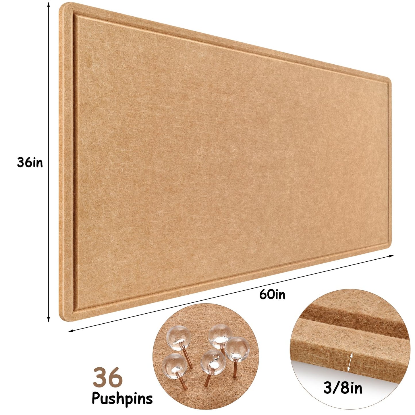 Large Bulletin Board, Foldable 60x36 Inches Cork Board Alternative, Large Felt Board Decorative Pin Board for Wall, Foldable Photo Board Self-Adhesive Vision Board with 36 Pushpins Brown