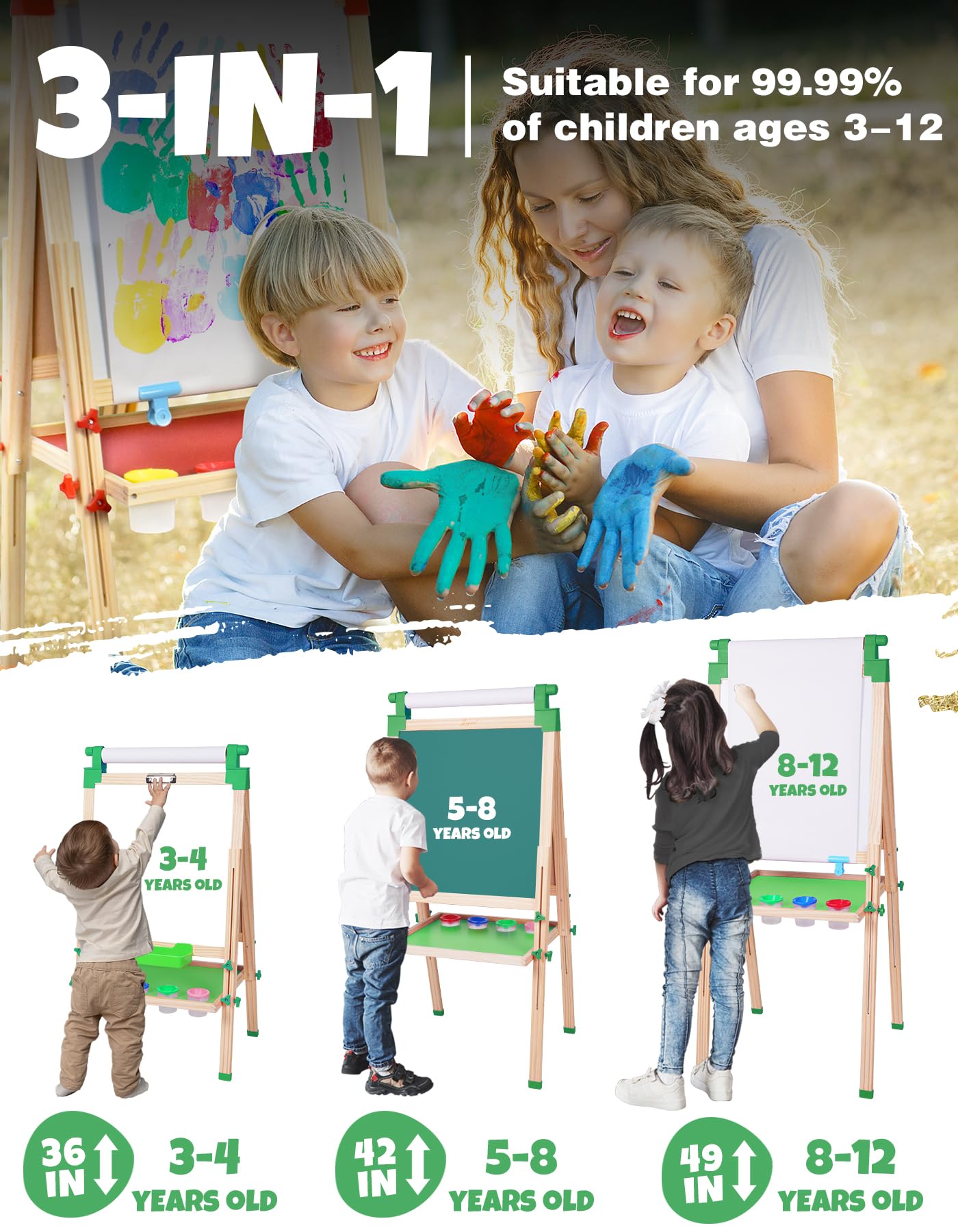 JOYOOSS Easel for Kids - Adjustable Wooden Art Easel with Paper Roll,Magnetic Double Sided Dry Erase Board,Outdoor Easel for Toddlers,Green