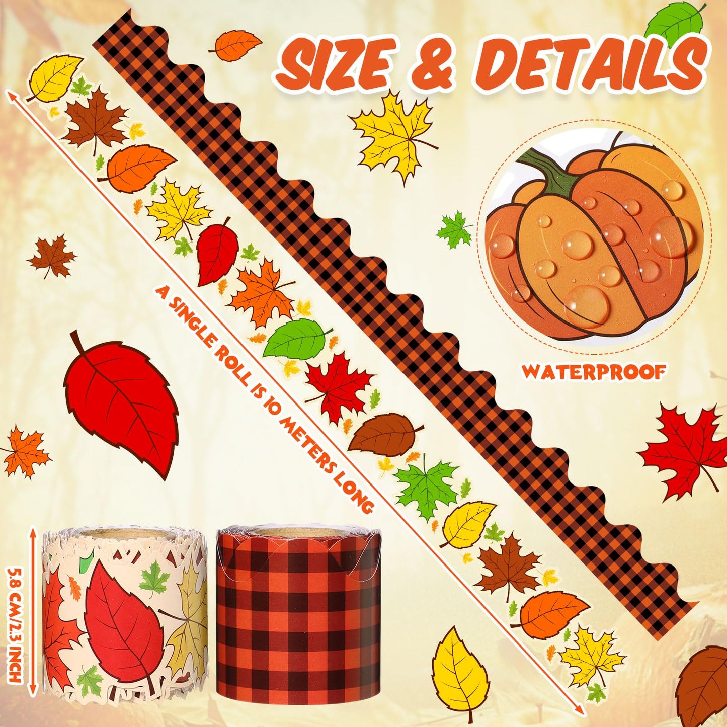 Trandraft 2 Rolls 65.6ft Fall Bulletin Board Borders Maple Leaves Rolled Bulletin Trim Orange Plaid Board Decorations Autumn Harvest Thanksgiving Party Classroom Office Wall Decor
