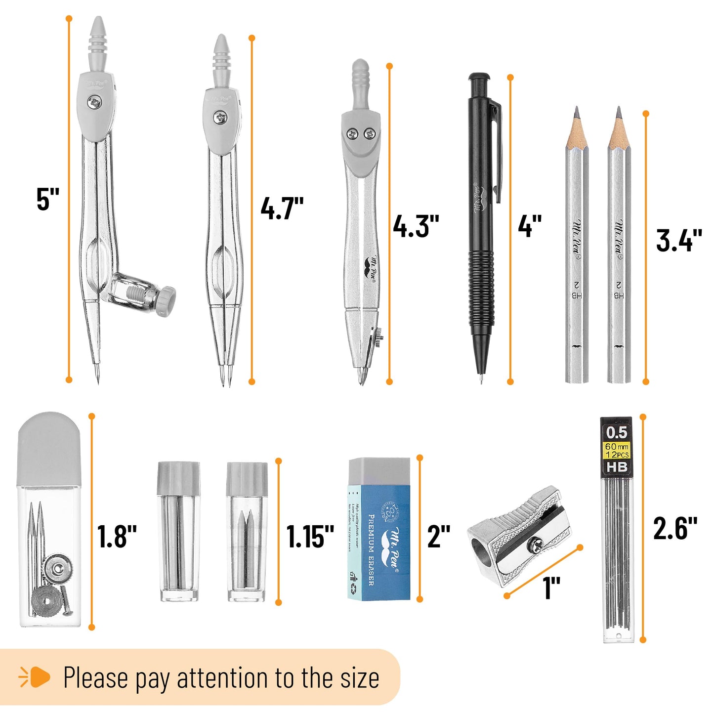Mr. Pen- Geometry Set, 15 pcs, Light Grey, 6 Inch Swing Arm Protractor, Divider, Set Squares, Ruler, Compasses and Protractor