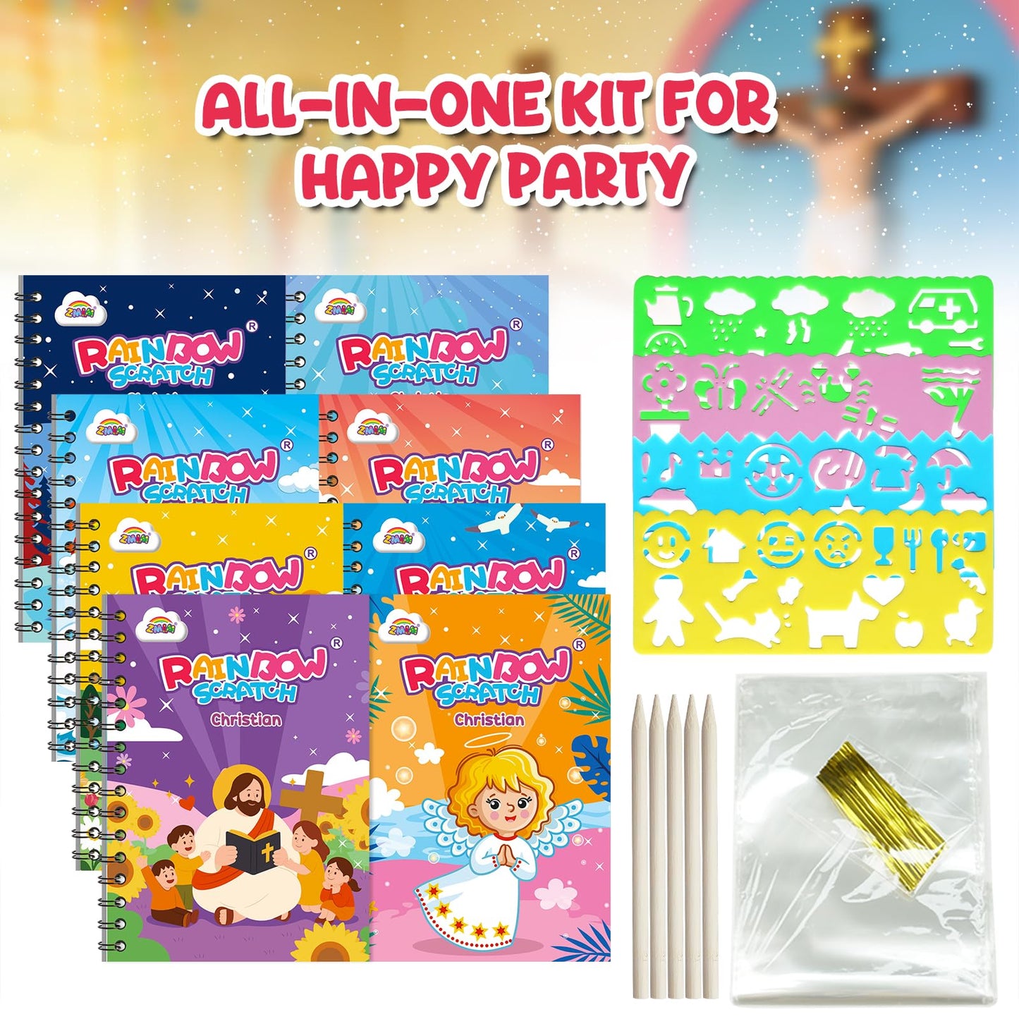 ZMLM Rainbow Scratch Party Favors Kids: Birthday Gifts Toy Bulk Scratch Art Notebook Birthday Goodie Bags Stuffers Girls Boys Art Craft Kit Pads Classroom Prizes School Teacher Return (Christian, 24)