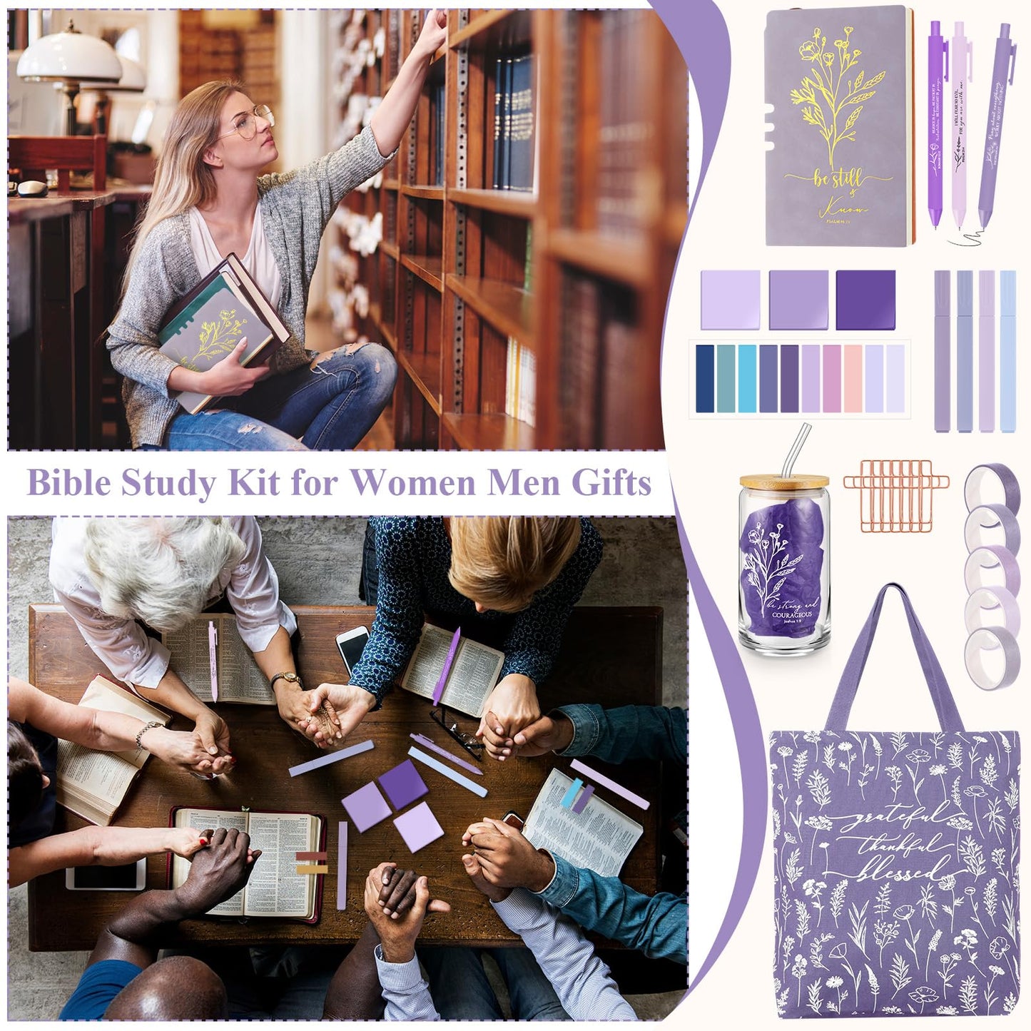 Singhoow 29 Pcs Bible Journaling Supplies Kit 16 oz Glass Cup Canvas Bag Leather Notebook Highlighters Pens Sticky Note Tapes Bible Study Supplies for Women Sunday School Teacher(Boho, Purple)