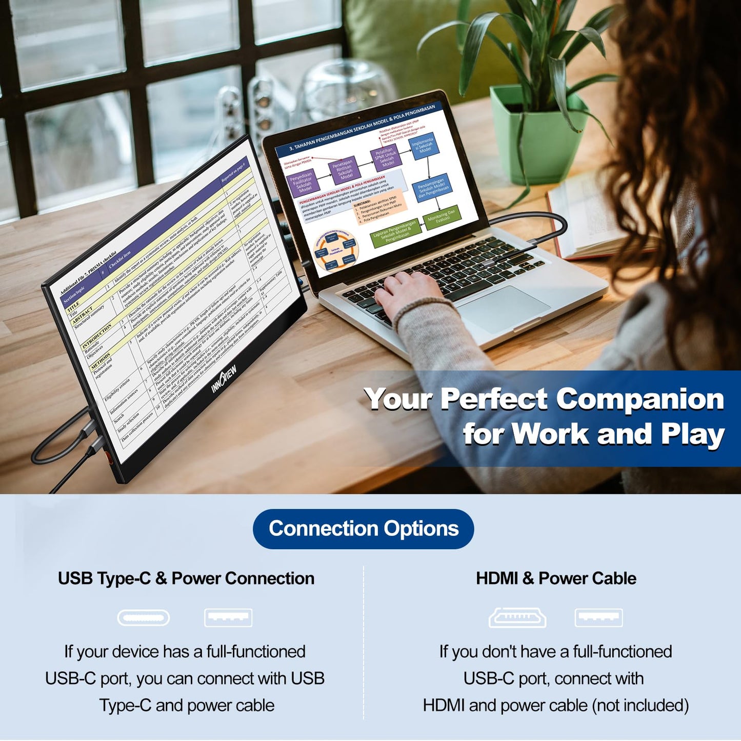 InnoView Portable Monitor 15.6" 1080P for Laptop with Protective Sleeve, Built-in 90° Adjustable Stand USB C HDMI Ultra-Slim Portable Laptop Monitor for MacBook Phone PS Xbox Switch