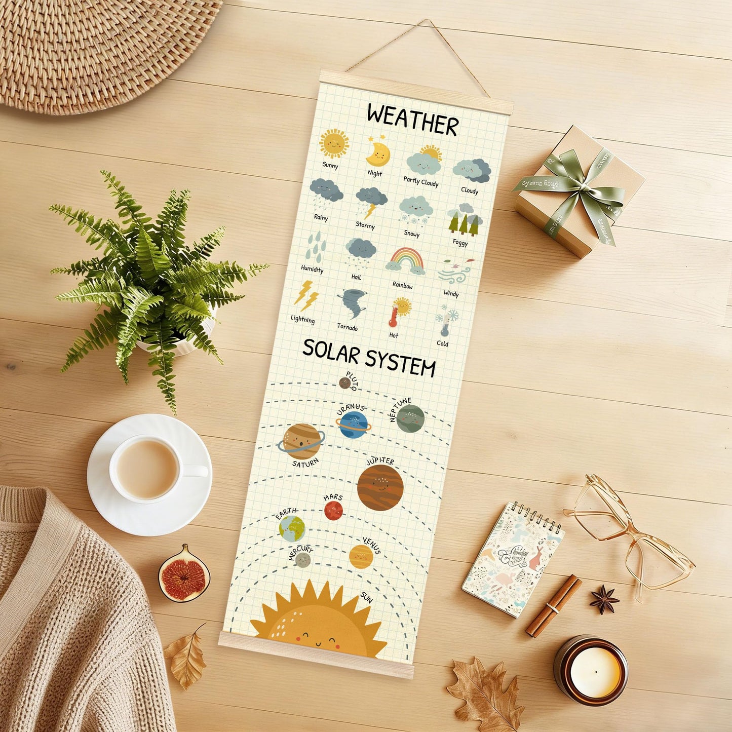 TAEDIN Weather Solar System Educational Wall Art Poster Hanger Frame, Space Classroom Wall Art with Wood Frames, Toddler Learning Hanging Decor for Kids Room Nursery Bedroom Playroom, 12x35 Inches