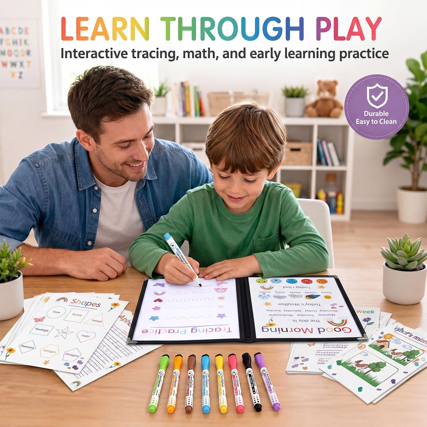 Hushee 31 Pcs Homeschool Morning Menu Kit for Toddler Preschool Kindergarten Prek Classroom Essentials Interactive Toddler Learning Binder, 21 Educational Posters 2 Dry Erase Menu Covers & 8 Markers