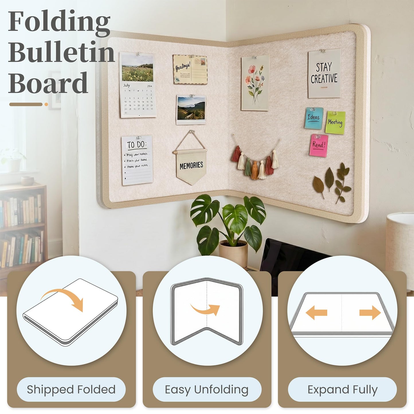 KERRAM Bulletin Board, 48 x 36 inches Decorative Felt Board Foldable Photo Board Pin Boards, Cork Board Alternative for Walls, Office, Home, Classroom with Pushpins ＆ Small Storage Bag, Beige