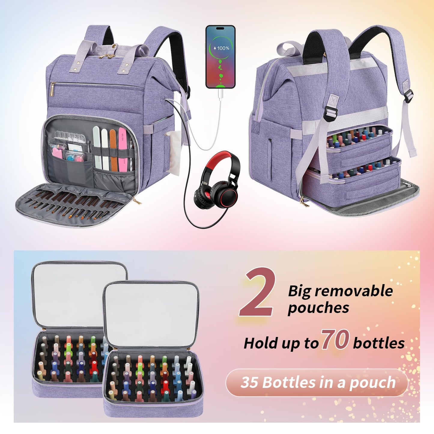 Nail Polish Organizer Case Backpack Holds 70 Bottles (15ml/0.5fl.oz) & Nail Lamp, 2 Layers Detachable Nail Kit Storage Case, Large Travel Nail Supplies Shoulder Bag for Manicure Tools (Purple)