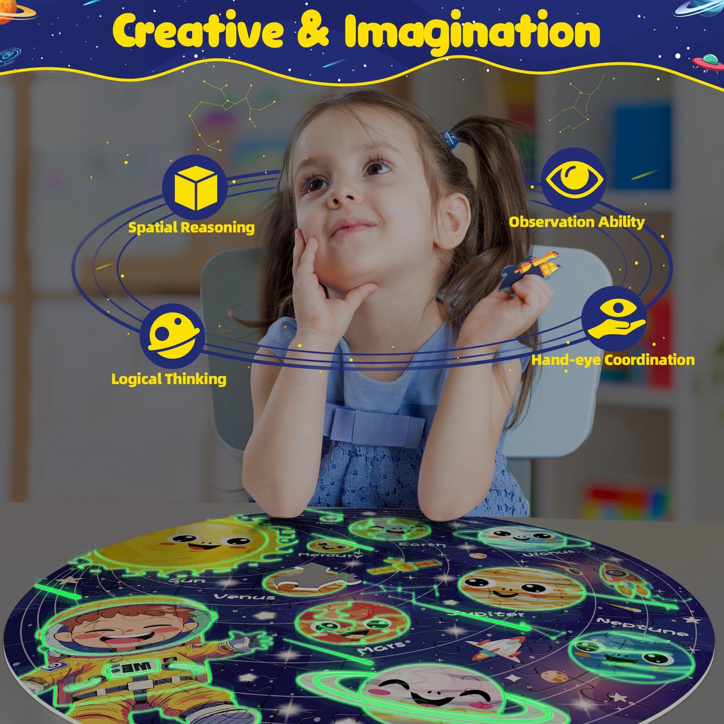 ZIZZ Puzzle for Kids Ages 4-6: Glow in The Dark Solar System Jigsaw Puzzles 70 Piece Space Planets Large Floor Puzzle for Kids 3-10 Years Old Educational Toy Gift for Boys Girls Birthday Christmas