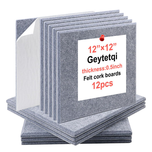 Geytetqi 12 Pack 12" x 12" Felt Boards, Grey Square Felt Wall Tiles, Self-Adhesive Cork Bulletin Board for Home, Office, and Kitchen Decor(1/2 Inch Thickness)