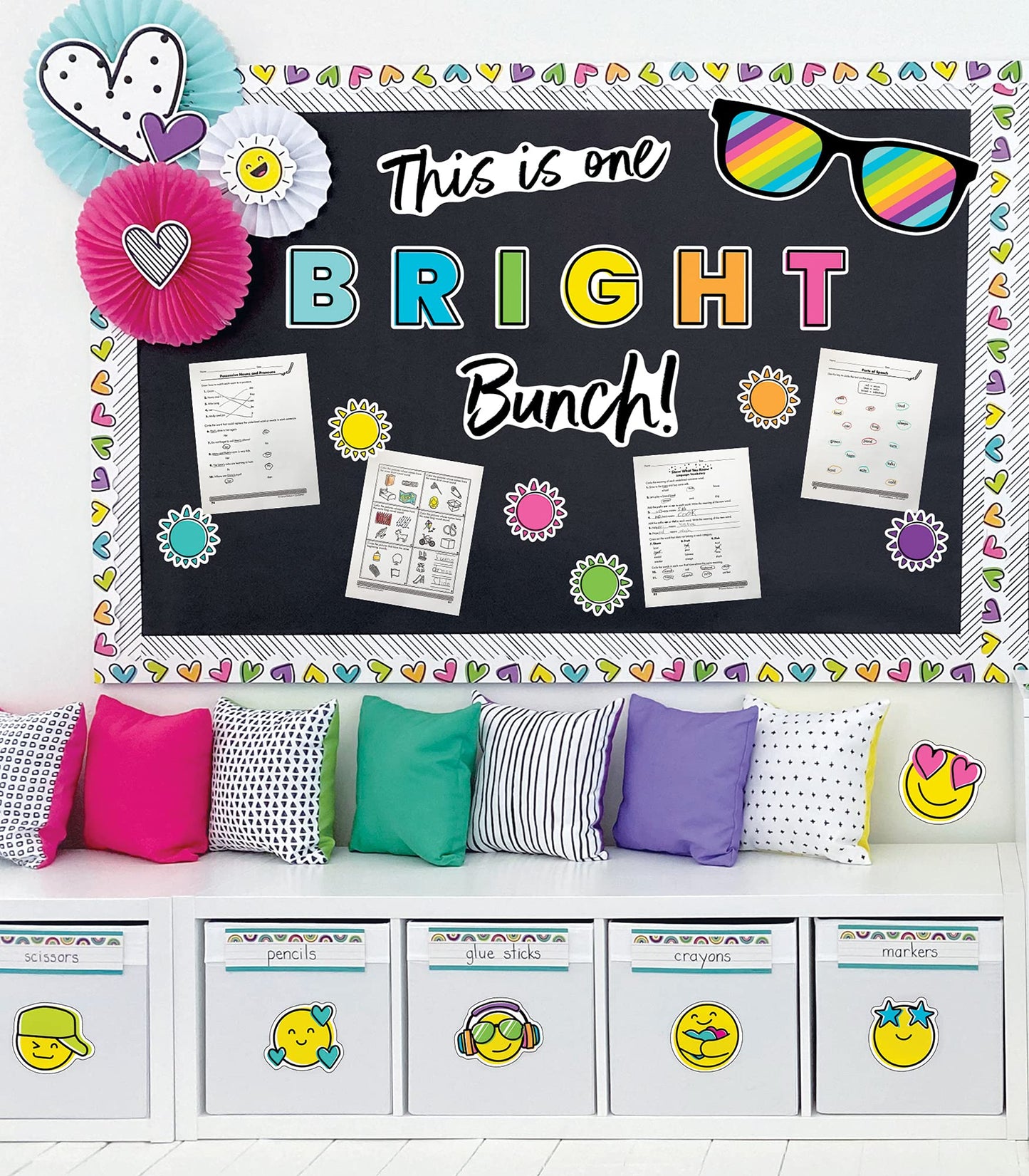 Carson Dellosa Kind Vibes Bulletin Board Set—This is One Bright Bunch Motivational Header with Sunglasses and Sun Cutouts, Bulletin Board Decor (39 pc)