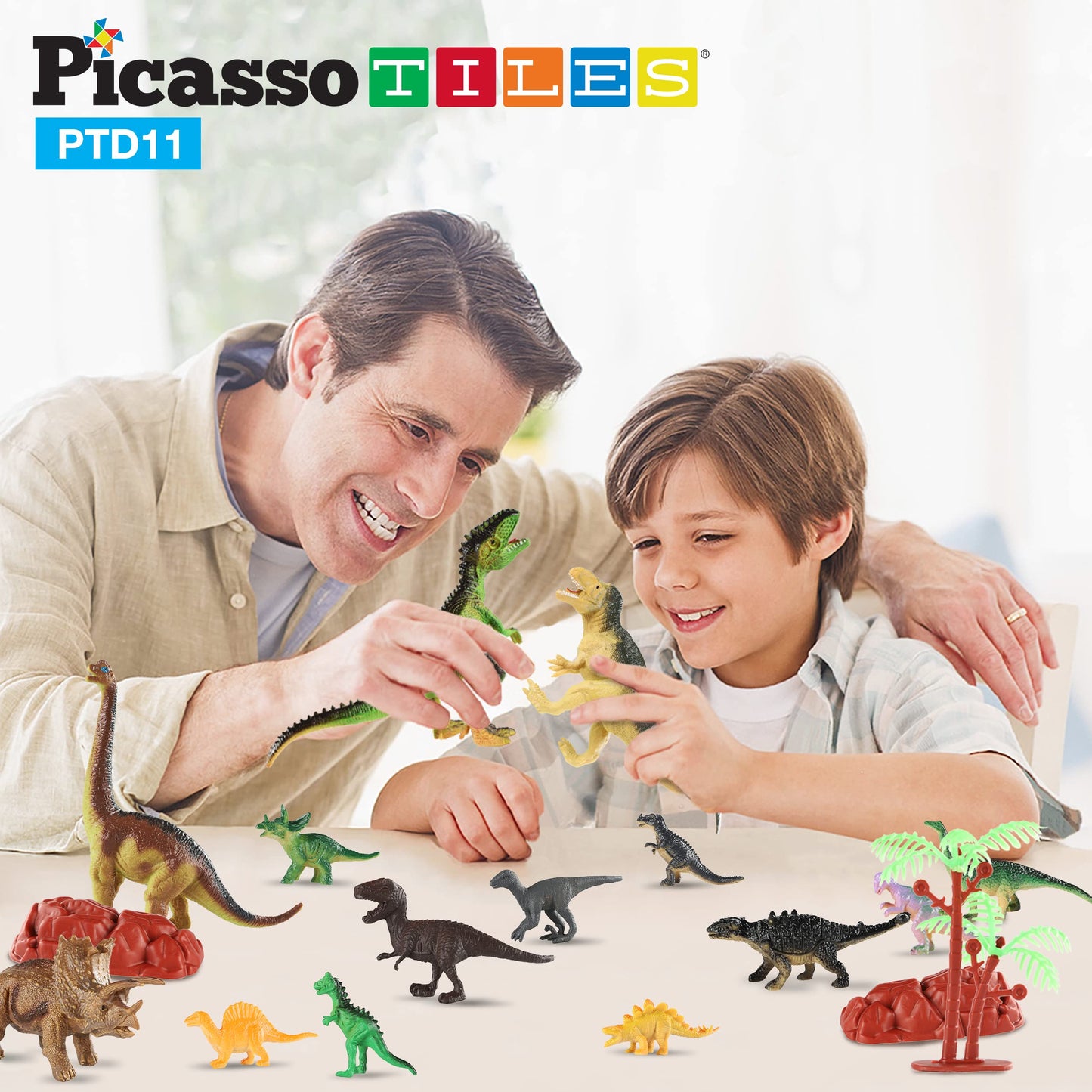 PicassoTiles Dinosaur Play Mat Toys 32pc Dino Playset STEM Activity Learning Kit STEAM Toy with Educational Book, 21 Action Figures T-Rex, Triceratops, Velociraptor, Trees, Rocks for Kids 3+ PTD11