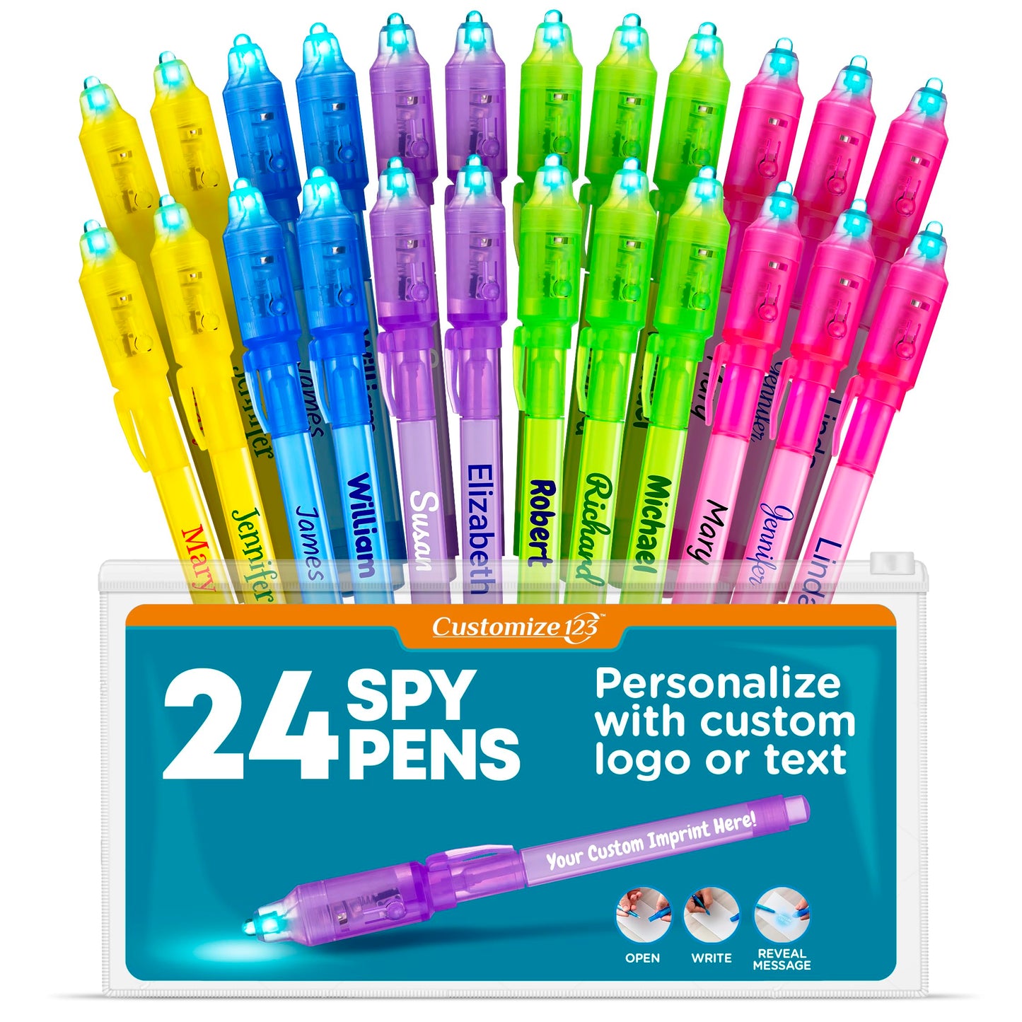 Personalized Invisible Disappearing Ink Pen Marker Pack, Custom Secret Spy Message Writer with UV Light, Fun for Kids and Stock Stuffers, 24 Pack, Assorted