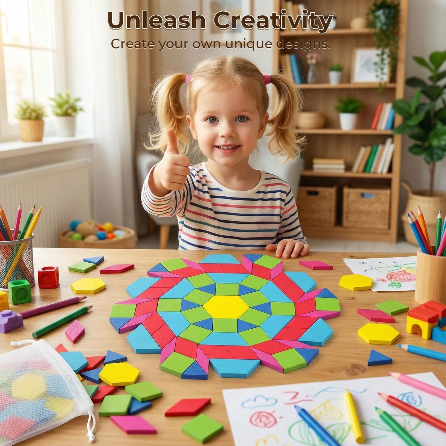 3 otters Wooden Pattern Blocks Shapes for Kids, Geometric Tangram Puzzle with Activity Cards, 150 PCS Educational Toy