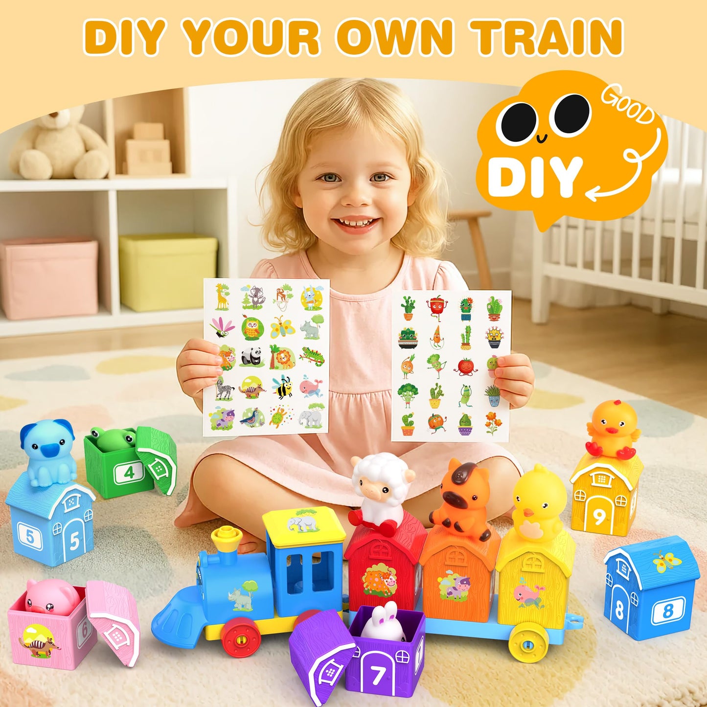 GooMags Montessori Toys for Toddlers, Farm Animal Train Set with Counting Matching Sorting Activities 9 Barns, 10 Finger Puppets, 2 Stickers-Learning Toys for Baby Boys Girls, Preschool Gift