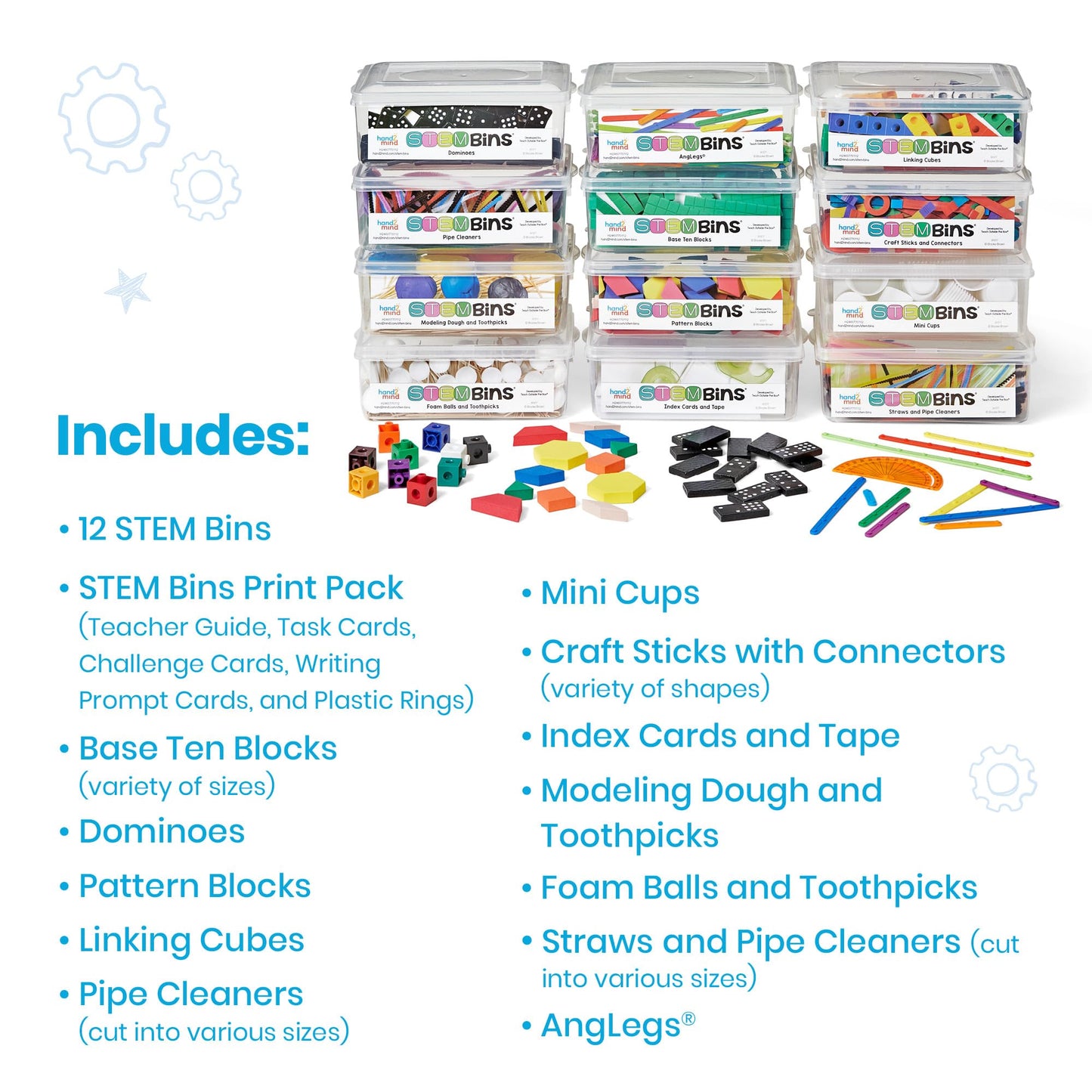 hand2mind STEM Bins Essential Kit by Brooke Brown, STEM Bins for Classroom, STEM Manipulatives for Elementary, STEM Activities, Kids Engineering Building Kits, Science Teacher Supplies (Set of 12)