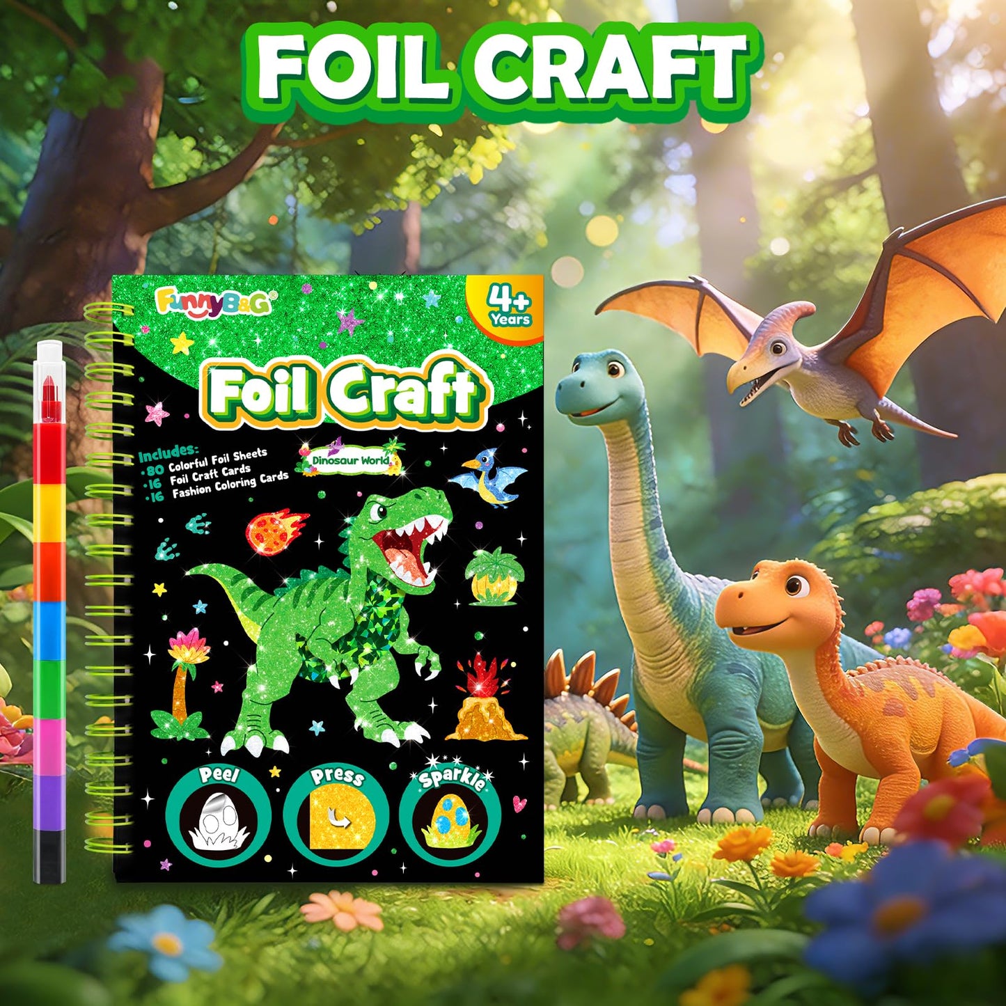 FUNNYB&G Foil Art Craft Kit for Boys 4-10 Years Old: Mess-Free & No-Glue, Create 16 Sparkly Dinosaur World Pictures – Perfect Travel Toy & Birthday Gift for Kids (Dinosaur World)