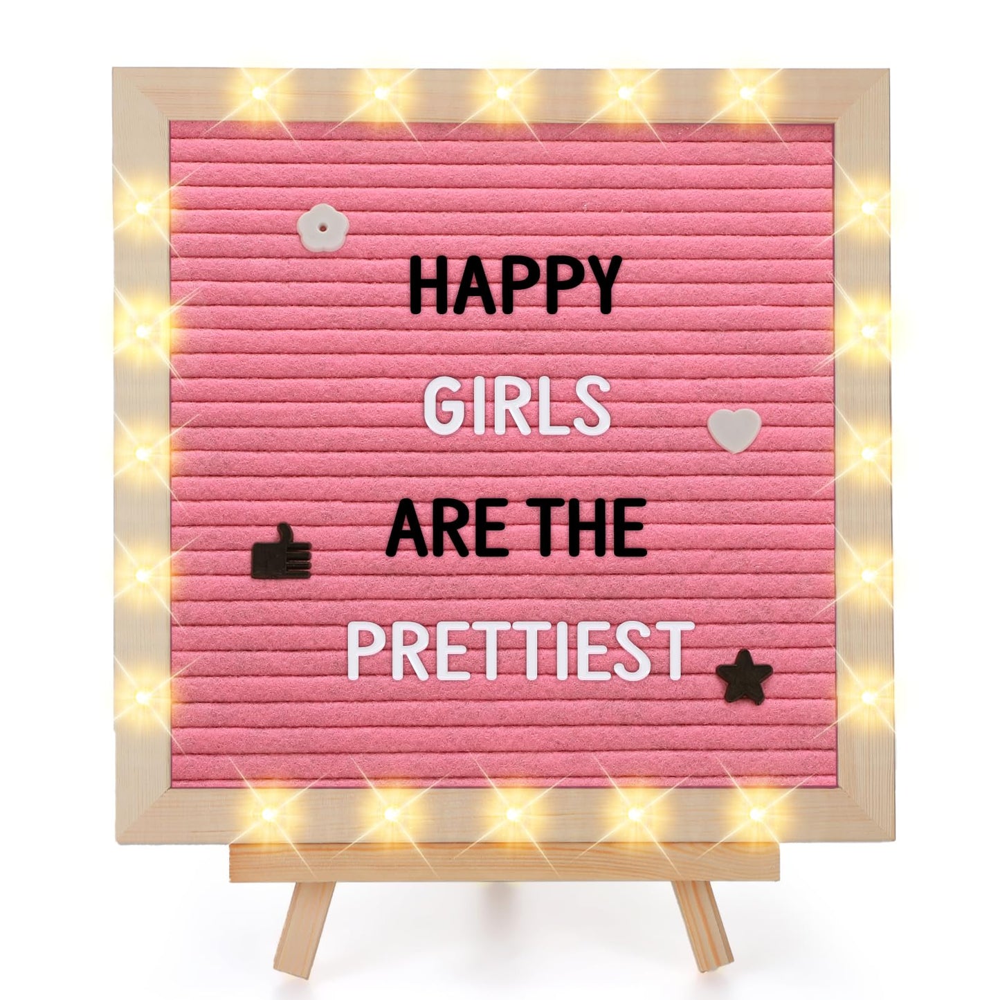 Changeable Felt Letter Board with LED Lights - 10''×10" Message Custom Signs & Wood Stand & 450 Letters, Poster Board for Baby/Pregnancy Announcement/Classroom Wall Decor Gifts, Pink