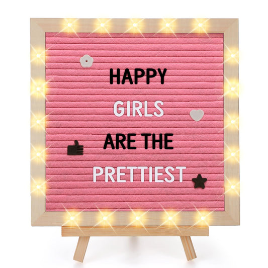 Changeable Felt Letter Board with LED Lights - 10''×10" Message Custom Signs & Wood Stand & 450 Letters, Poster Board for Baby/Pregnancy Announcement/Classroom Wall Decor Gifts, Pink