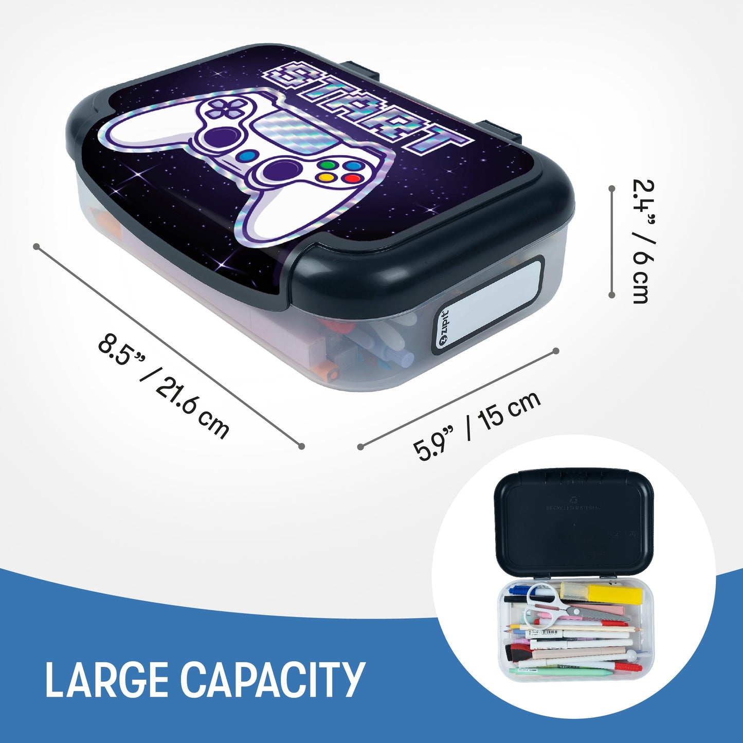 ZIPIT Recycled Plastic Pencil Box for Boys, Large Capacity Pencil Case for School, Durable Stationery Organizer Box,Dark Blue