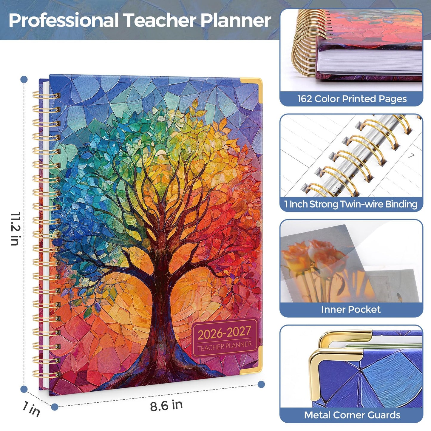 SKYDUE Teacher Planner 2026-2027 Academic Year, 8.5" x 11" Deluxe Teacher Lesson Planner with Monthly Tabs & Stickers, Lesson Plan Book 26-27, Tree of Life