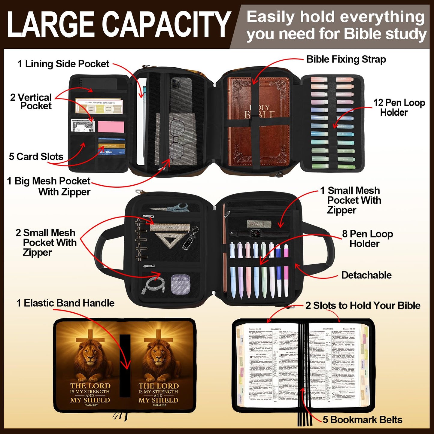 IBOVODI Lion Cross Bible Cover Case for Mens, Large Bible Carrying Book Case Church Bag with Strap & Handle Zipper Pocket, Bible Study Supplies Journaling Kit, Highlighters Tabs Pens Cross Clips