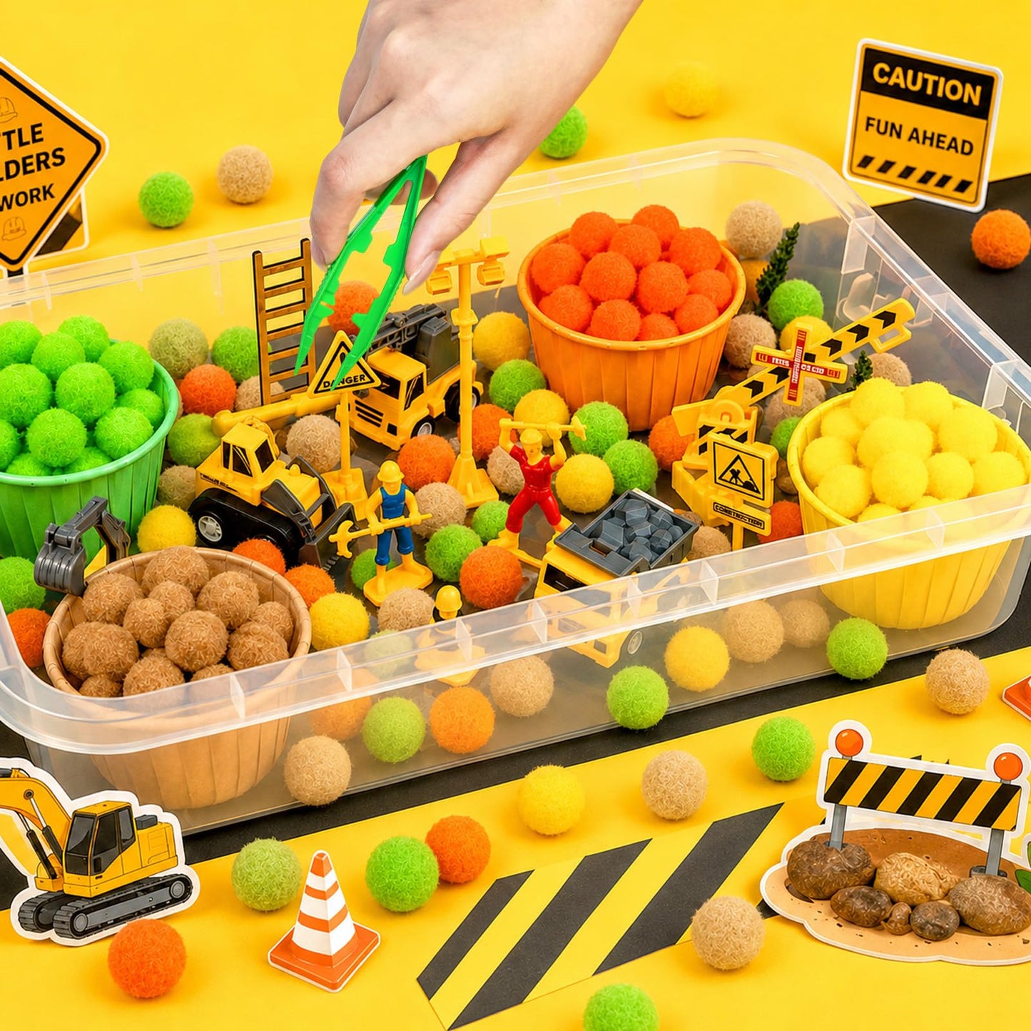 Cinrobiye 150 Pcs Construction Theme Activity Fillers Set with Storage Box, Engineering Vehicle Accessories, Road Signs, Tools, Building Materials and Sorting Supplies for Classroom Activities