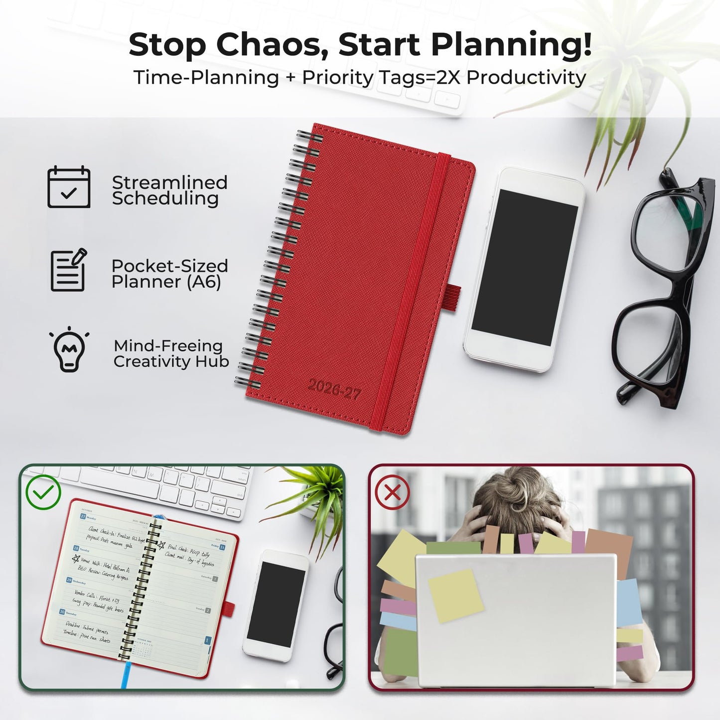 IN-LUXPRO Planner 2026-2027 Daily Weekly and Monthly,6.5"x3.75",18 Months Spiral Bound Calendar Agenda with Self-adhesive Pen Holder,2026 Academic Plan with Vegan Leather Soft Cover,Red