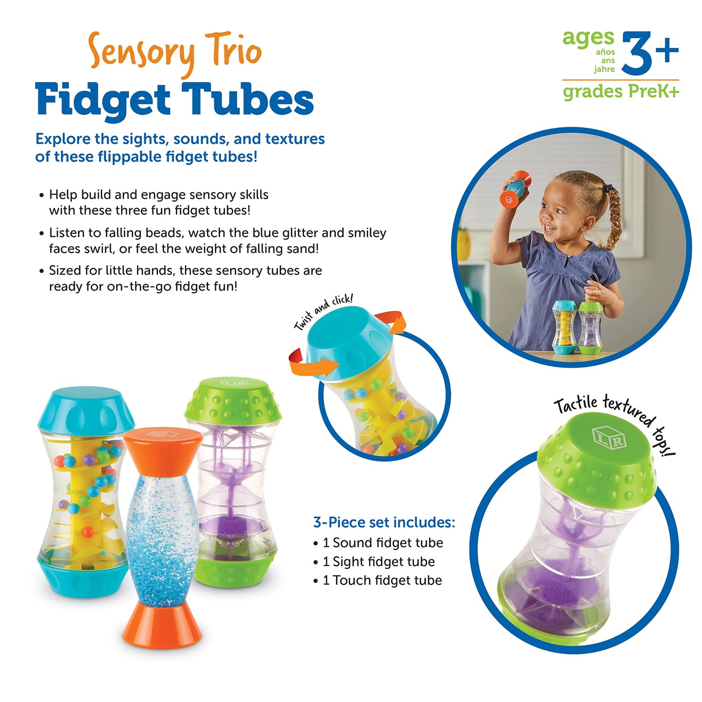 Learning Resources Sensory Trio Fidget Tubes - Sensory Toys for Toddlers, Calming Kids Fidget Toys, Classroom Calm Down Corner Supplies, Special Needs Travel Fidgets, Preschool Quiet Time Items