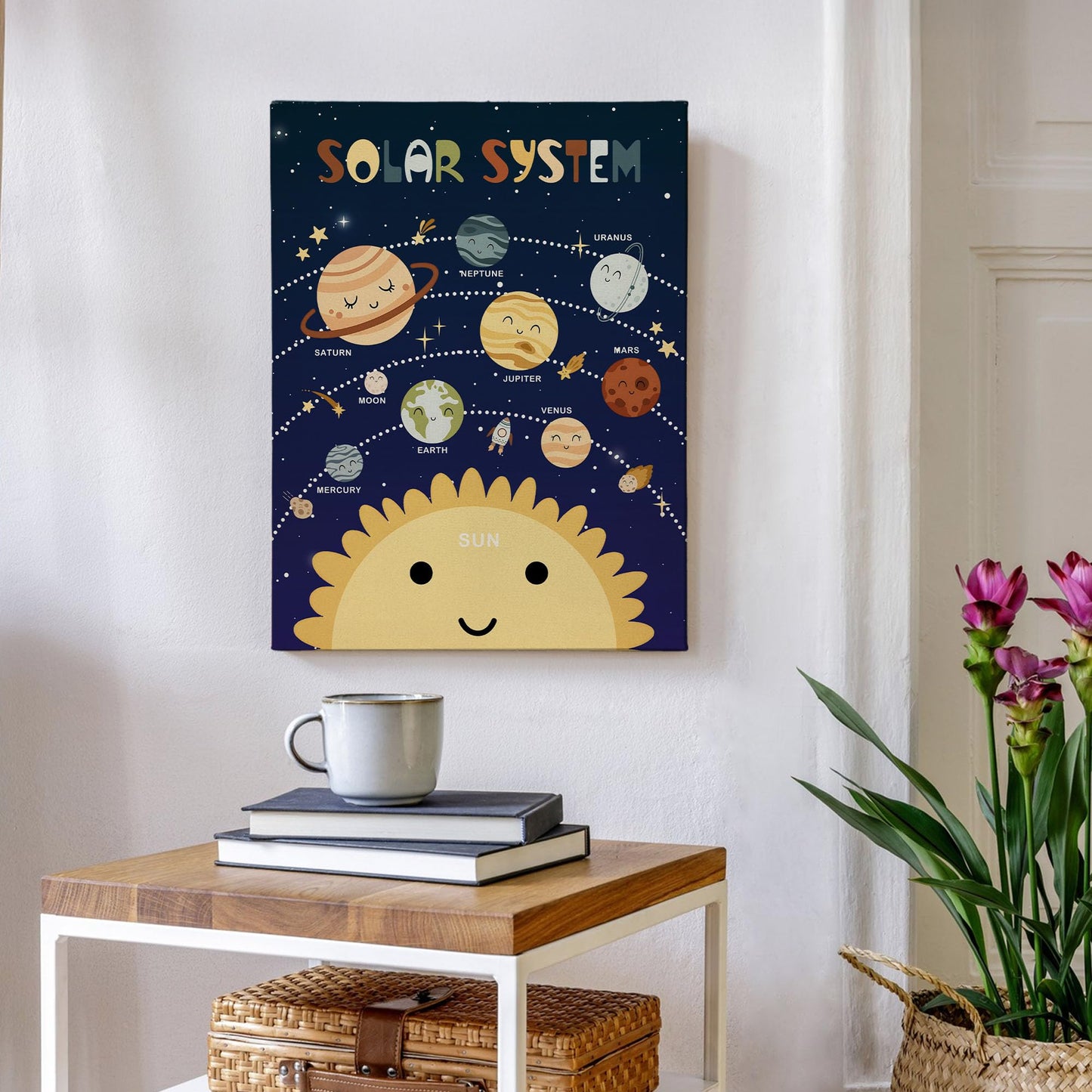 XINCEYWJ Solar Space Room Wall Decor, Solar System Astronauts Rocket Canvas Art Prints Framed, Space Room Decor, Retro Trendy Nursery Wall Art for Kids Girly Boys Toddler Room Classroom, 11x14 In