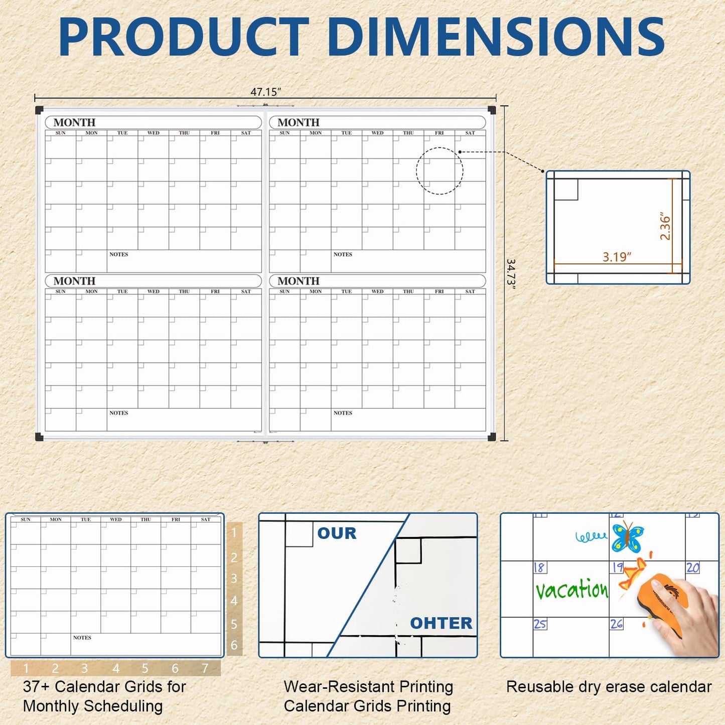 XBoard Magnetic Calendar Whiteboard 48x36 inch, 4 Month Dry Erase Board Planner with Silver Aluminium Frame, Foldable White Board Calendar for Home School Office Organization