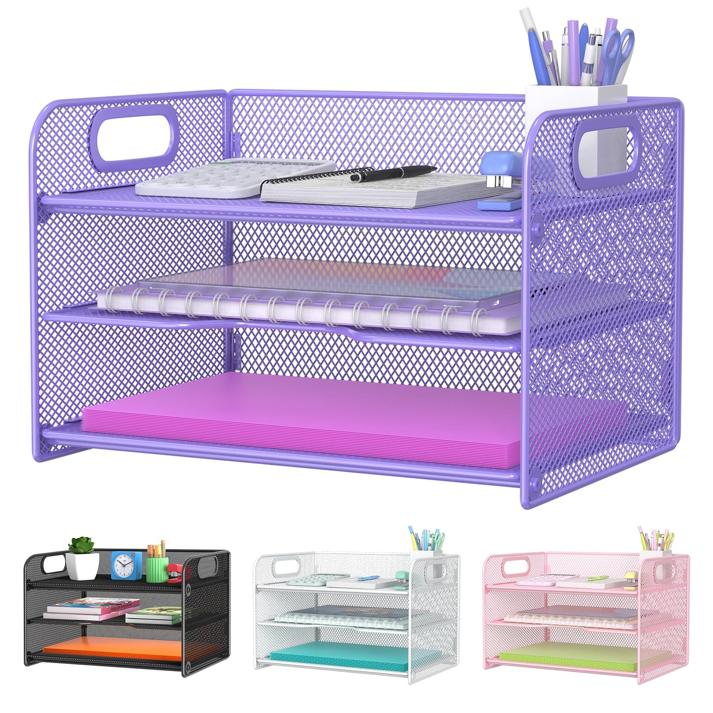 Samstar 3 Tier Purple Letter Tray Paper Organizer with Handle, Mesh Desk Organizer Paper Sorter File Rack Shelves, Purple