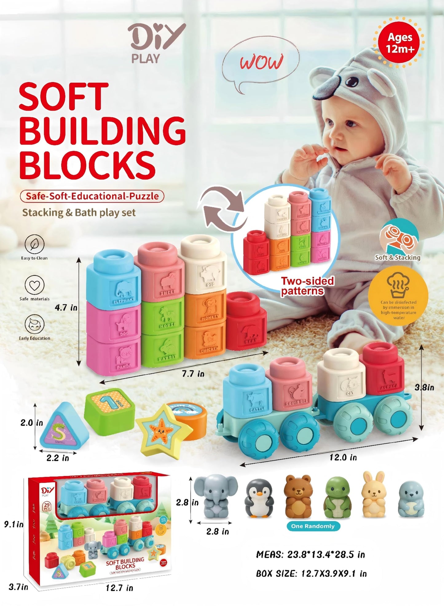 Soft Blocks Montessori Stacking Toys for toddlers 1-3, 29 PCS Baby Building Blocks, Educational Learning Toys with Fruits, Animals, Colors & Shapes, Connectable Texture Blocks Vehicles Festival Gift