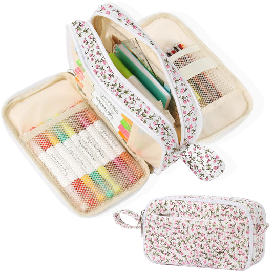BuyCard Big Capacity Pencil Pouch, Pink Floral Corduroy 4-Compartment Pen Bag, Aesthetic Stationery Organizer for Teen Girls Women, Must-Have for Teacher, Makeup & Electrical Goods Storage Case