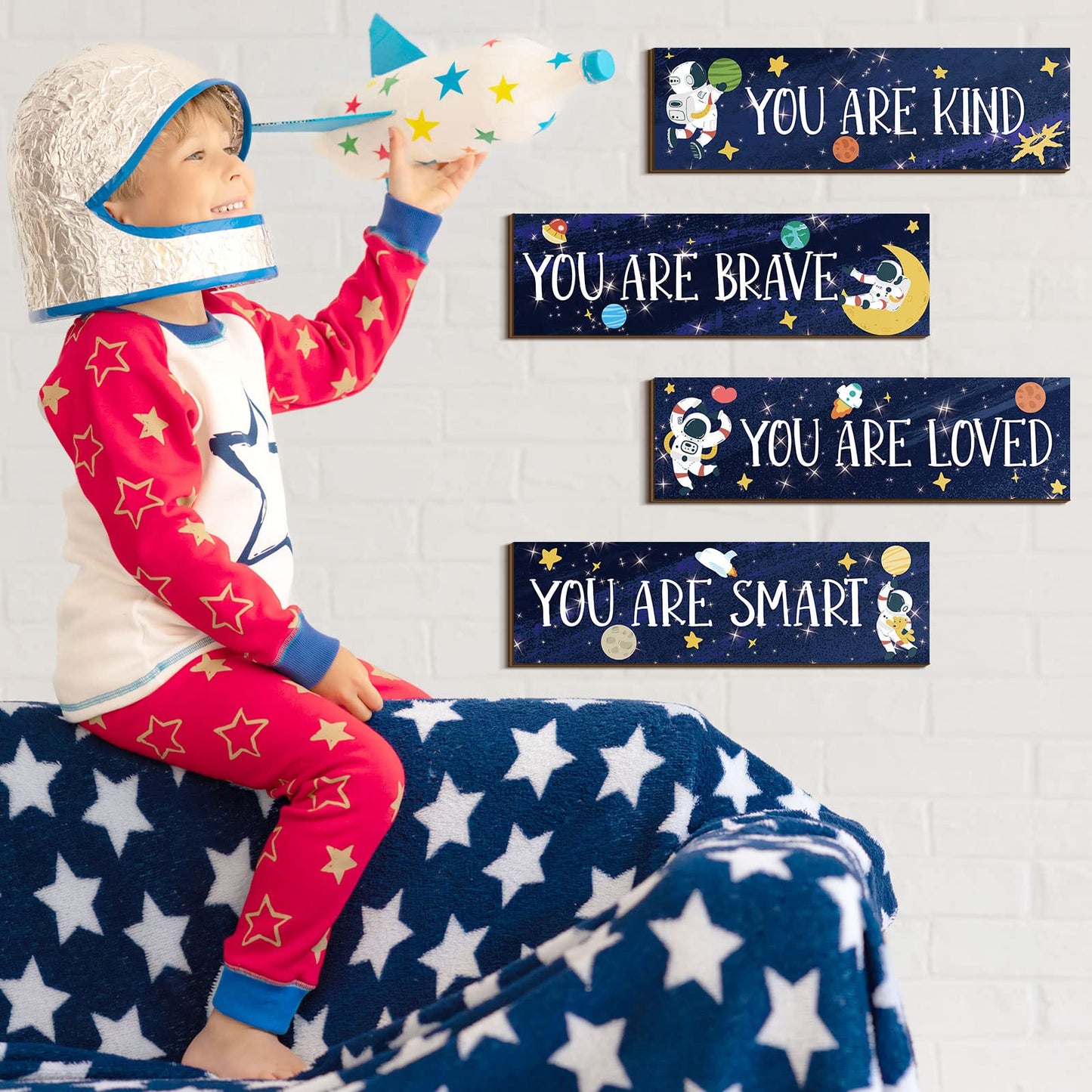 Yookeer 4 Pcs Space Room Decor for Kids Boys Outer Space Wall Art Bedroom Decor for Nursery Classroom Astronaut Galaxy Posters Spaceman Wood Sign Be Brave and Be Kind for Baby Boy(You)