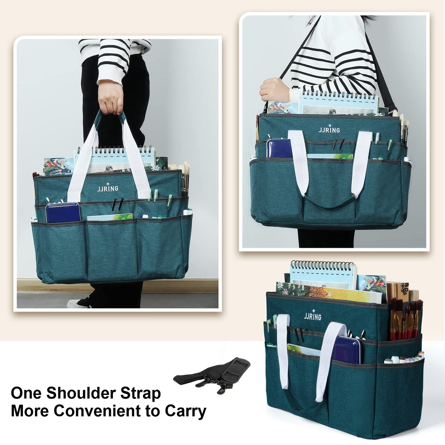 JJRING Craft Organizer Tote Bag, Large Art Storage Caddy with Multiple Pockets, Bluish Green Sewing Bag for Art, Craft, Scrapbooking, School, Medical, and Office Supplies Storage