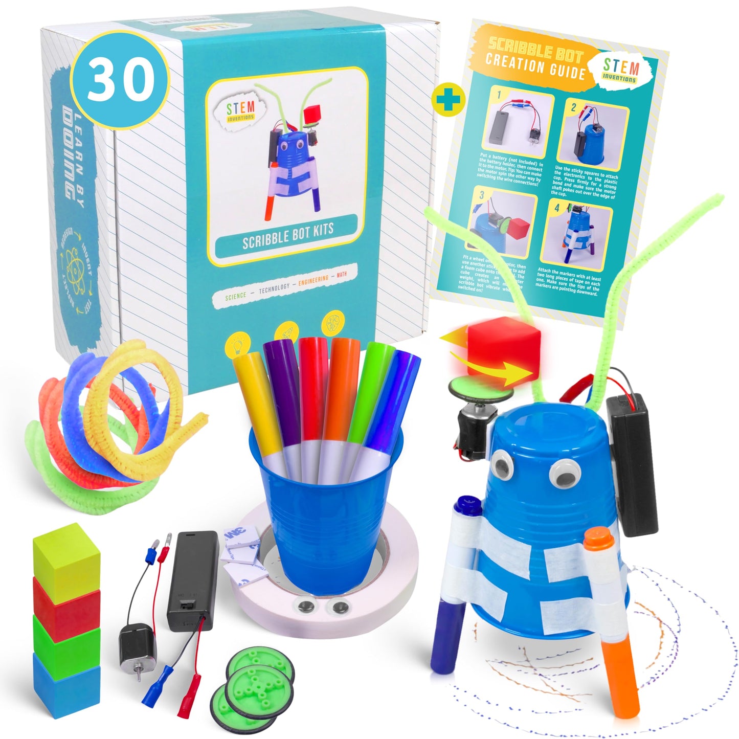 Scribble Bot Kit, 30-Pack – Build 30 Motorized Drawing Robots, Complete STEM Project Kit for Classrooms, Ages 8+