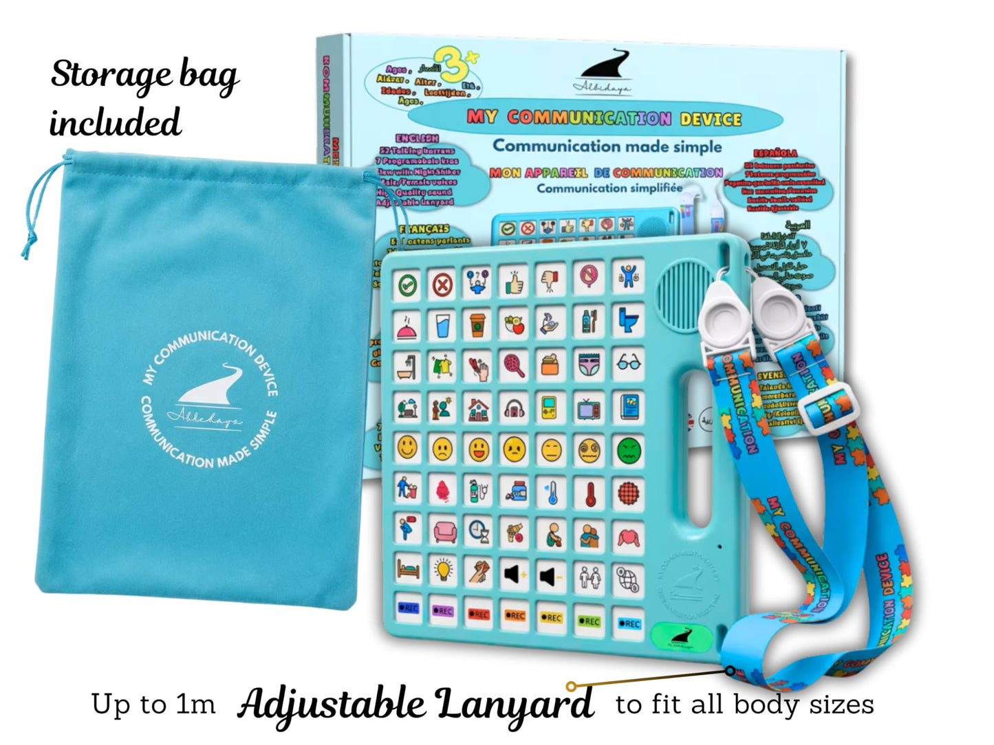 8 Languages AAC Device for Autism, 63 Buttons, Communication Board for None Verbal, Stroke Survivors Speech Support, TBI, Talking aid Tool for Delayed Speech terapy, Ajustable Lanyard.