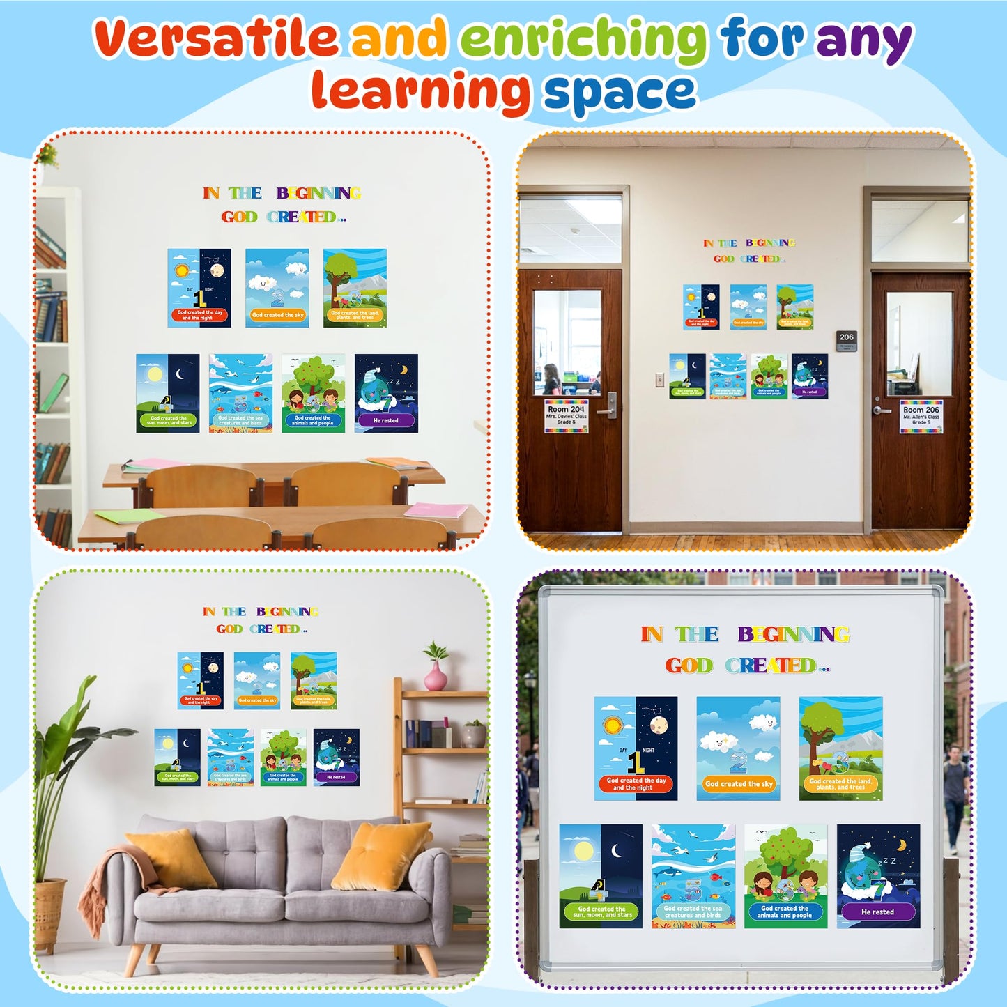 HoniedPepperino 7 Days of Creation Poster - 13.7x11in God Created The World Educational Paper Wall Art for Sunday School Decorations, Back to School Teacher Supplies & Bulletin Board for VBS