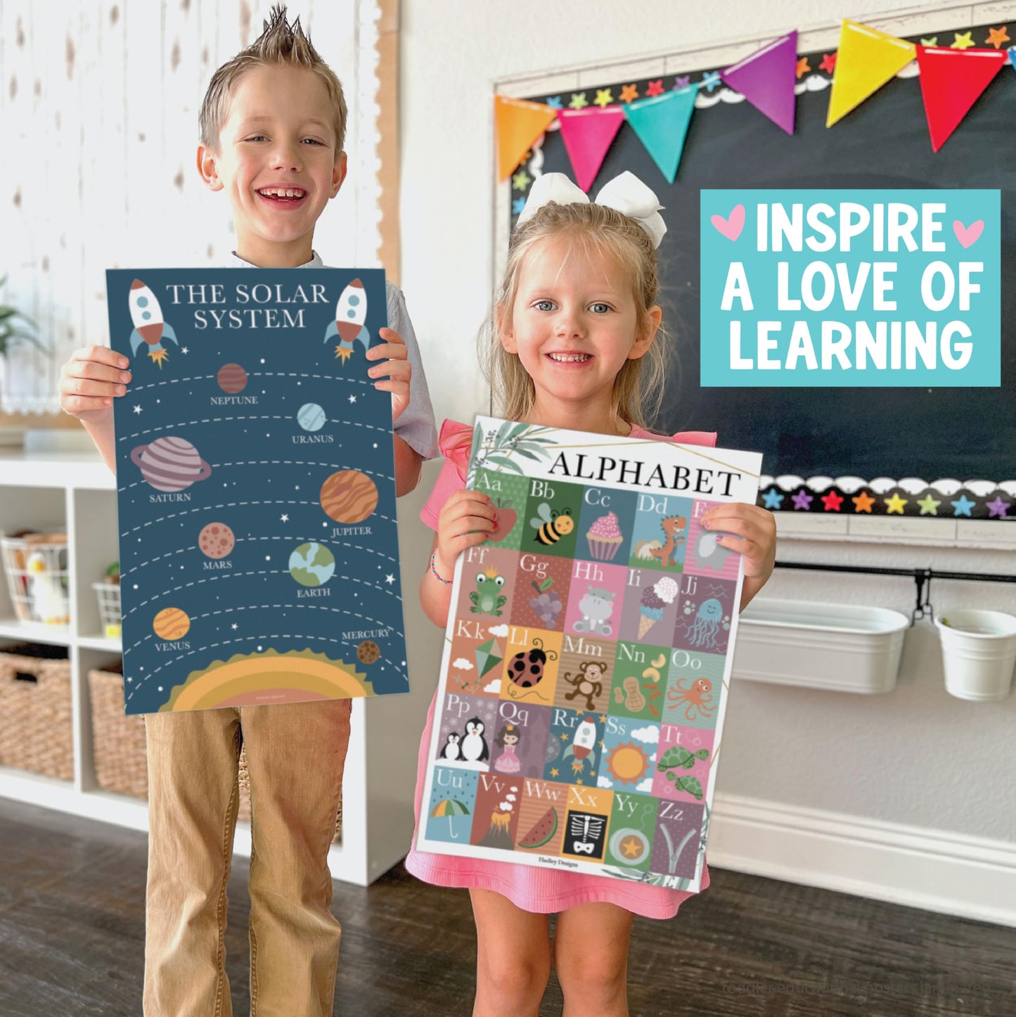 Hadley Designs 16 Educational Posters for Classroom Must Haves - Laminated Pre-K Posters for Toddler Homeschool Essentials, Toddler & Preschool Learning Activities, Kindergarten Classroom Decor