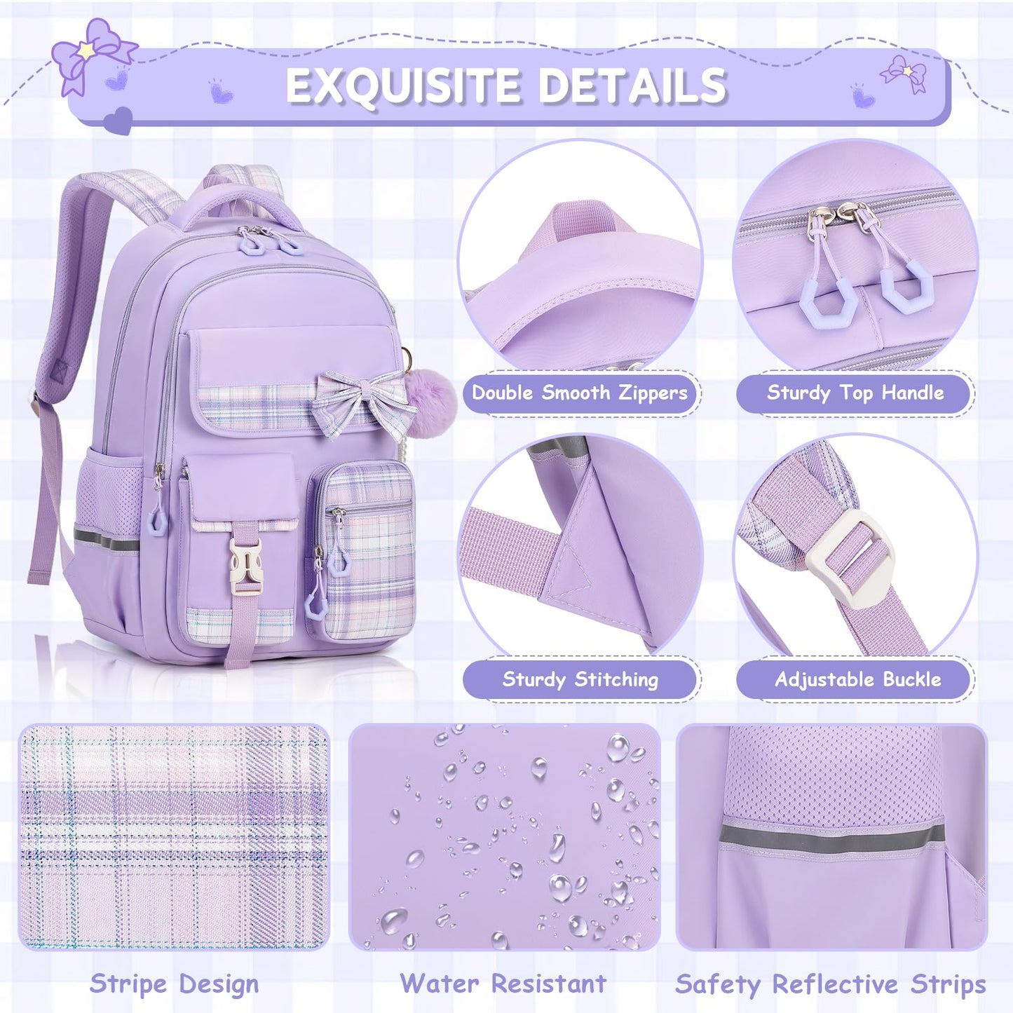 MOONBABY Girls Backpack, Kids Backpack for Girls School Bags with Pen Case, Bow Plaid Book Bag for Elementary Middle Primary High School College, Purple-2pcs