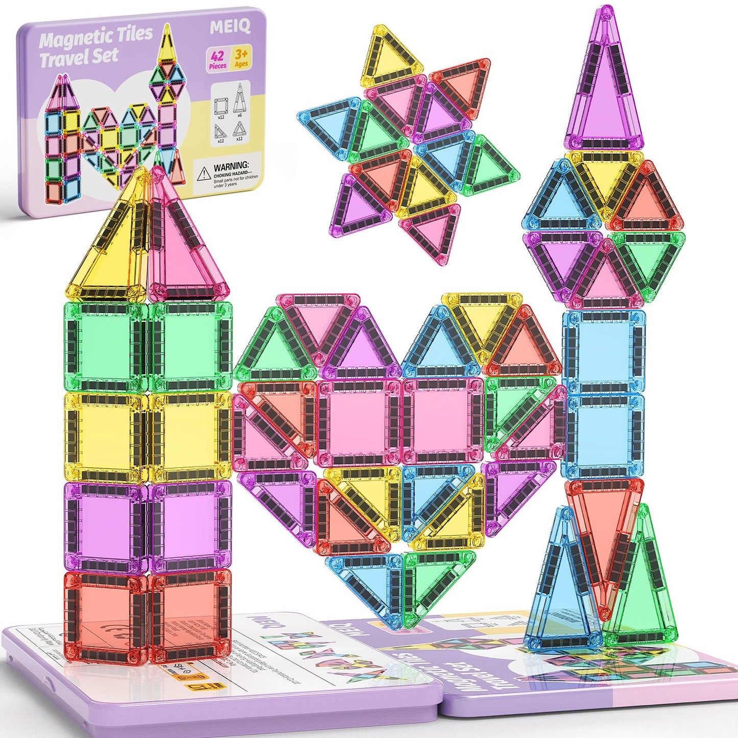 MEIQ 42-Piece Mini Magnetic Tiles Travel Set with Metal Storage Box - Portable STEM Building Blocks for Kids Ages 3-8, Montessori Educational Toys for Airplane & Car Rides, Gift for Boys & Girls