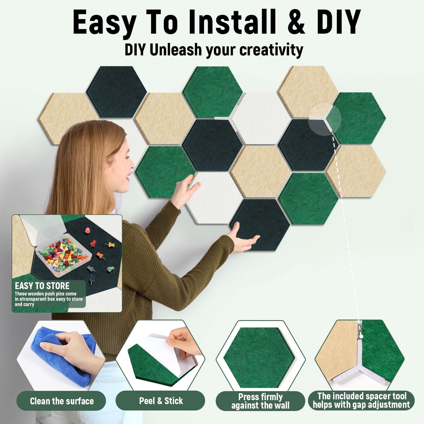 16Pcs Hexagon Felt Cork Board Tiles Self Adhesive Hexagon Wall Tiles with 60 Push Pins 20 Wooden Clips DIY Bulletin Board Pin Boards for School Office Home Photos Memos Display (Green Brown)