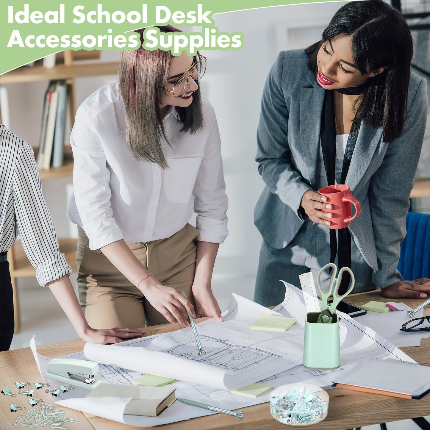 Marspark 12 Pcs Sage Green Office Supplies Desk Accessories Set Pen Holder Tape Dispenser Stapler Staple Remover Staples Tape Ruler Scissor Pen Sticky Note Index Tab Clips Set for Office School Home