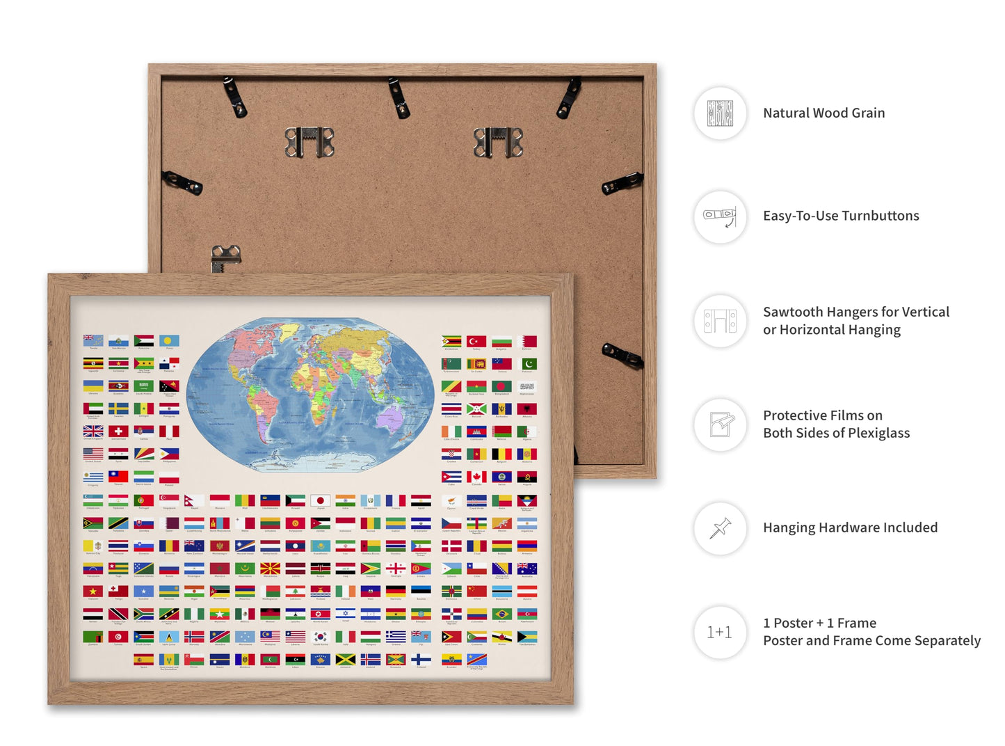 Poster Master Flags of the World Poster - World Print - Learning Materials Art - Educational Art - Gift for Kids, Students & Teacher - Wall Decor for Classroom or Library, 11x14 Beige Framed