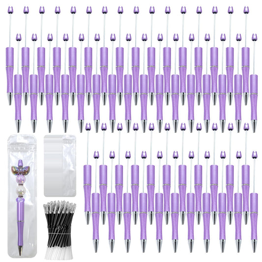 DASTTUIS 150 Pieces DIY Beadable Pen Kit – 50 Plastic Ballpoint Pens with Refills & Bags – School Supplies, Office Accessories & Decorative Items for Students & Teachers (Purple)